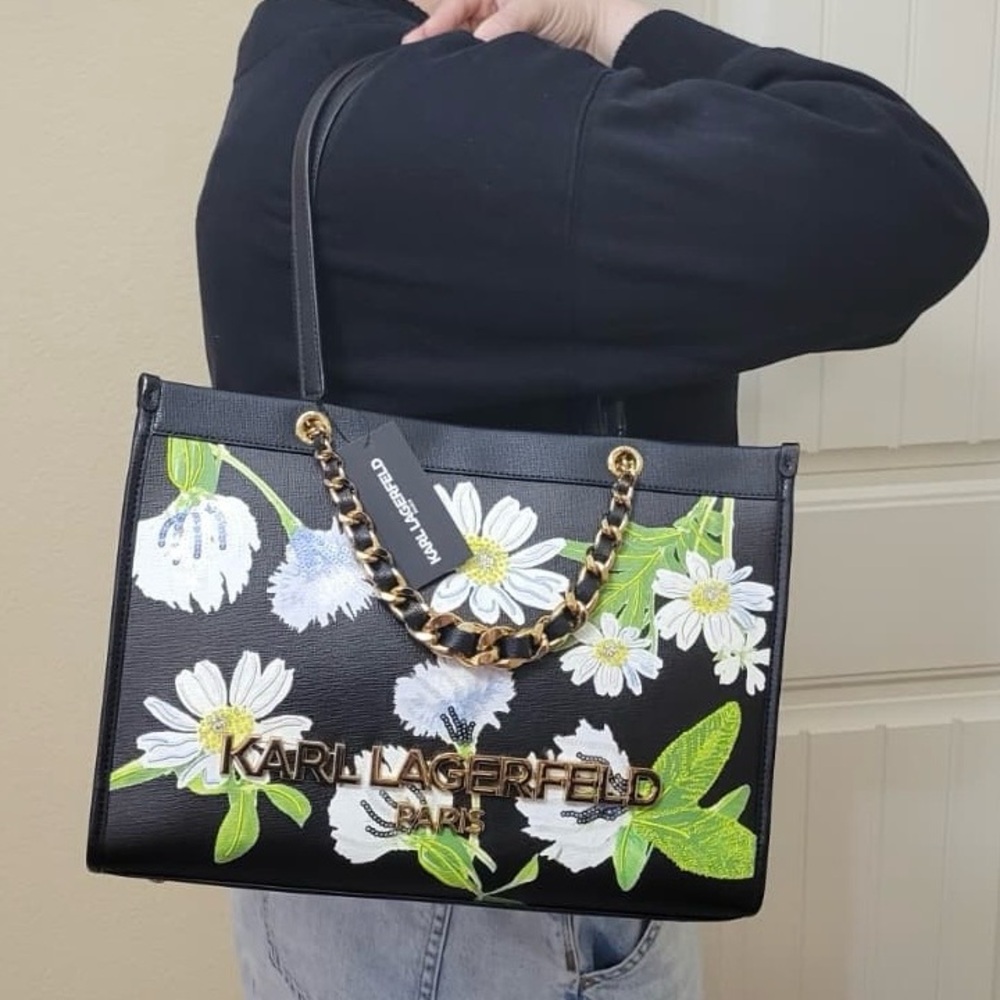 KARL LAGERFELD Large Tote Bag black statement beaded floral spring Mother’s Day